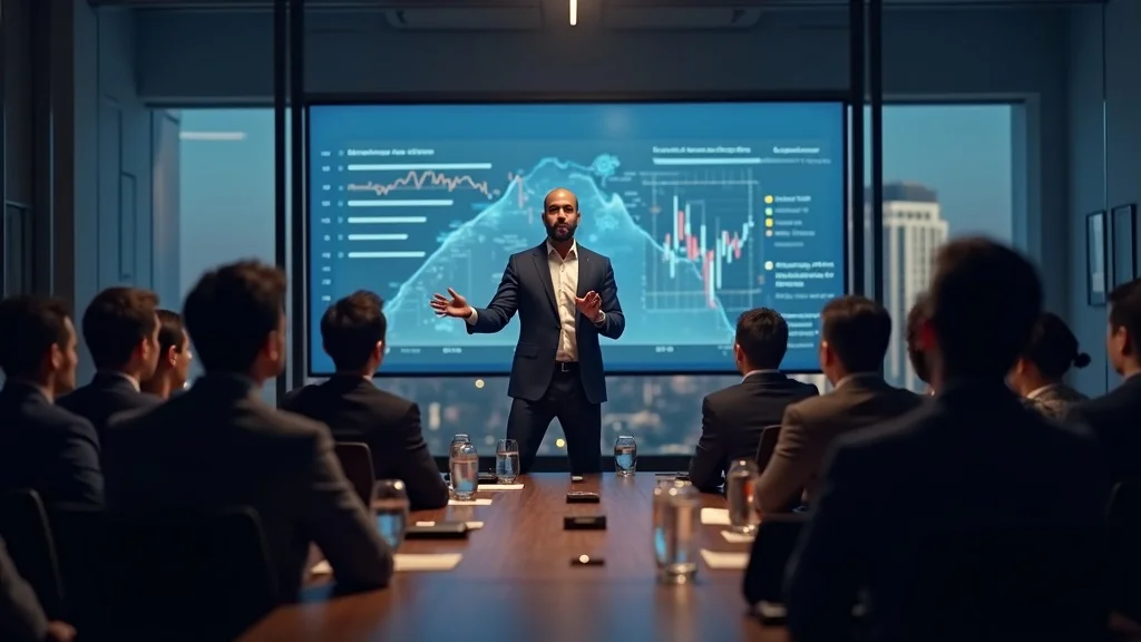 Business presentation in a modern conference room, speaker engaging with audience, financial graphs on screen, emphasizing startup branding and investor engagement strategies for Orange County tech startups.