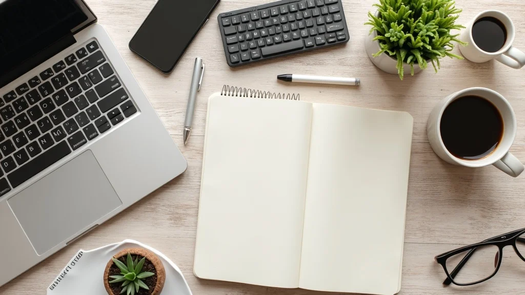 Laptop, smartphone, keyboard, and blank notepad on wooden desk, with coffee cups and small potted plant, illustrating startup marketing strategy planning and productivity.