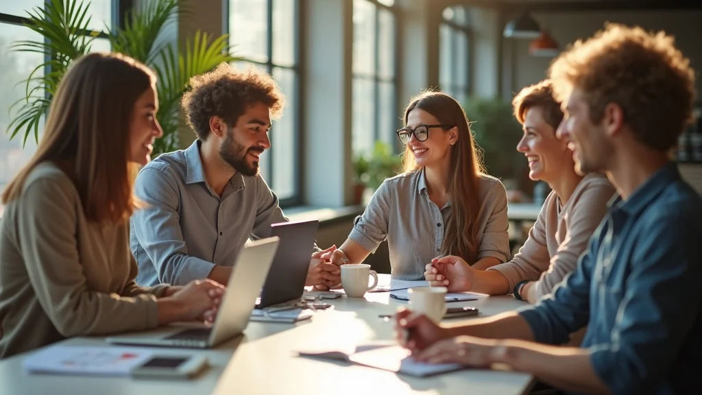Group of diverse startup team members collaborating around a table with laptops and coffee, engaged in discussion about marketing strategies and community building.