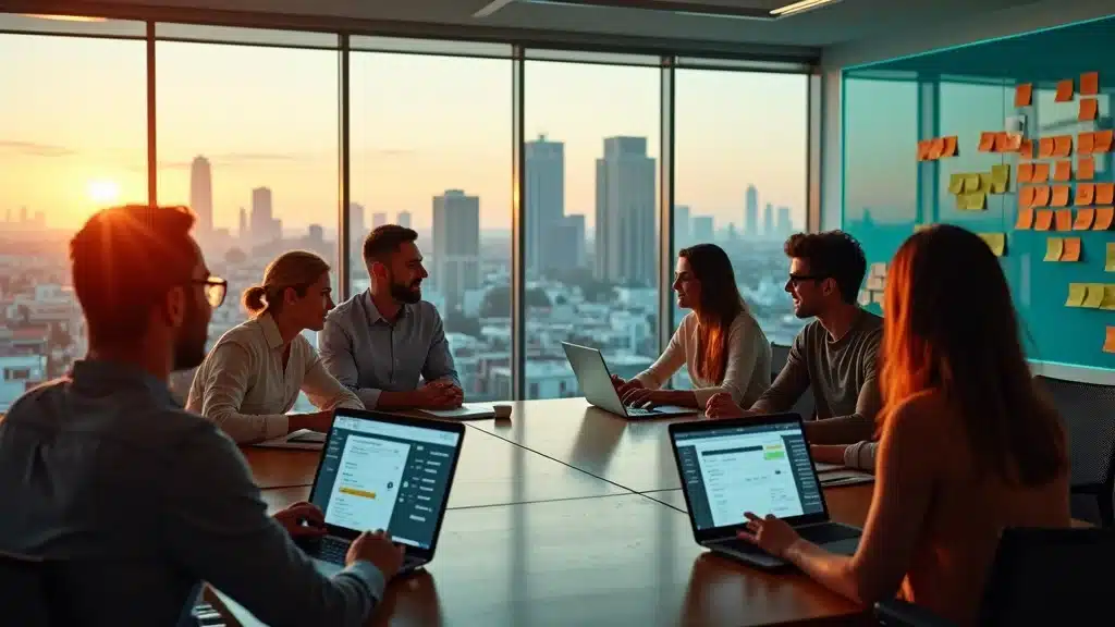 Orange County SaaS Startup Marketing Strategy - Product team brainstorming generative search strategies in modern office, post-it notes on glass
