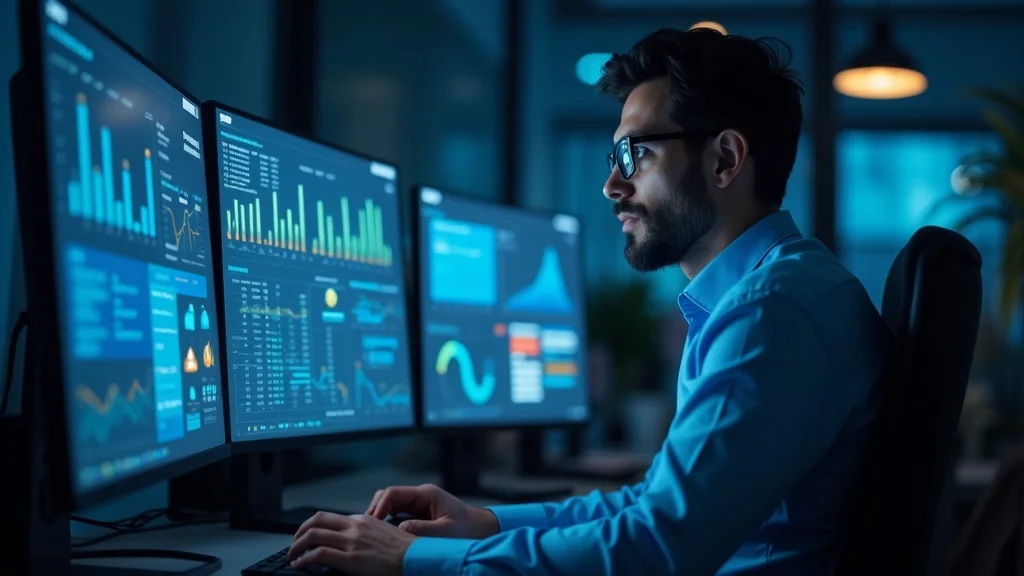 Detail-oriented founder reviewing analytics dashboard with Irvine startup metrics — irvine ca tech startup growth guide, photorealistic, blue and gray color palette