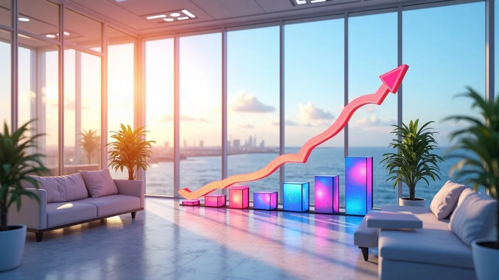 Modern office interior with a large window view, featuring a vibrant upward trend graph made of illuminated bars and an arrow, symbolizing business growth and success in a tech startup environment.