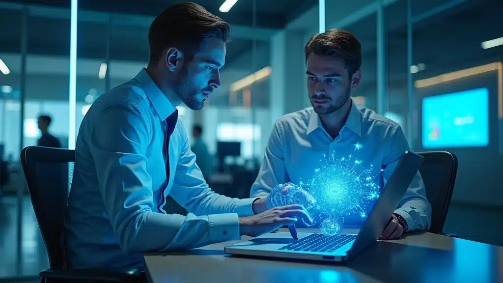 Two business professionals collaborating at a laptop, with a holographic display of AI technology and data visualization, symbolizing the integration of AI in operations and analytics for tech startups.