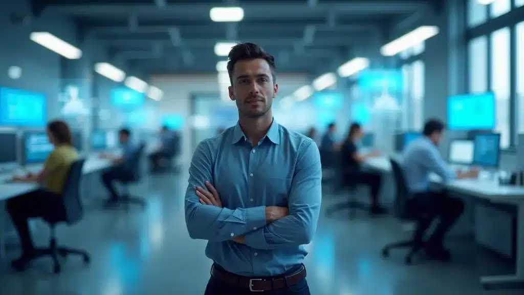 Professional man with arms crossed in a modern office setting, surrounded by colleagues working at computers, emphasizing resilient leadership and teamwork in tech startups.