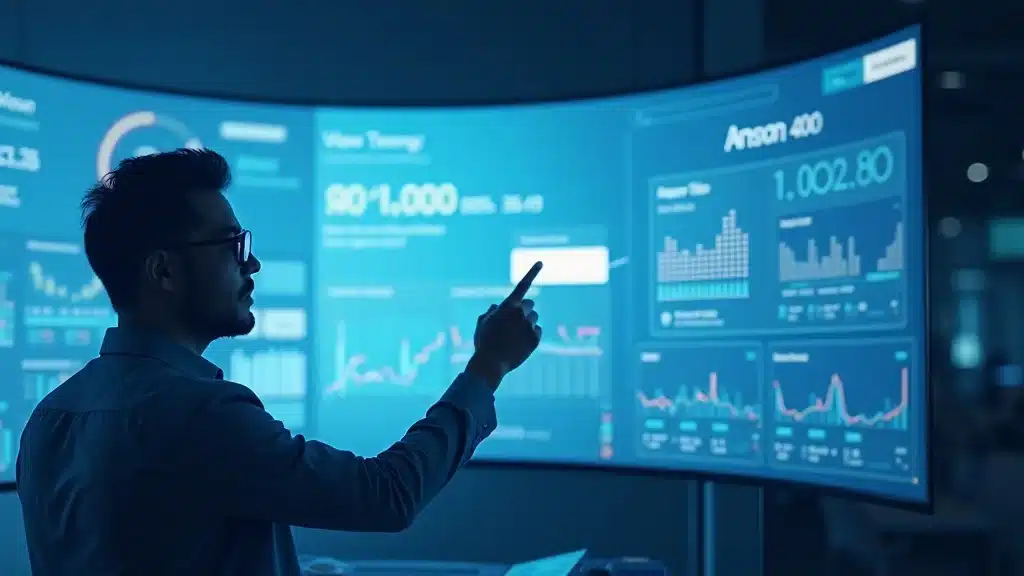 Search results page transforming into an answer card; professional digital marketer highlighting answer snippet in a tech-inspired office — answer engine optimization visual, photorealistic, blue and white palette.