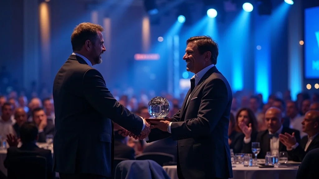 Two men in formal attire exchanging an award at a gala event, with an audience in the background and blue lighting enhancing the celebratory atmosphere.
