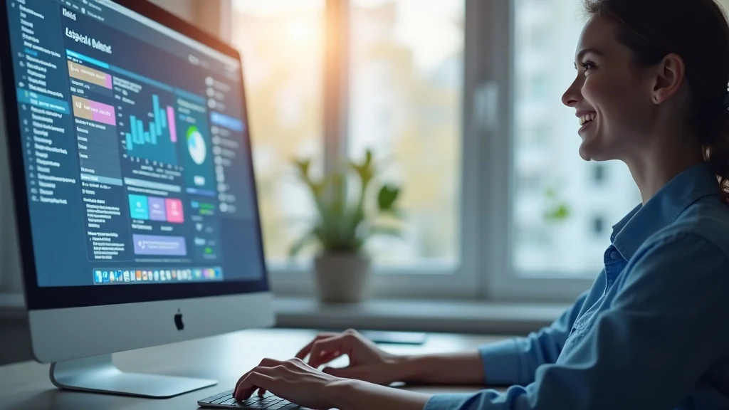 SaaS user interface interaction for product-led retention, person smiling while working with intuitive dashboard, onboarding and customer experience in focus, at a bright workstation