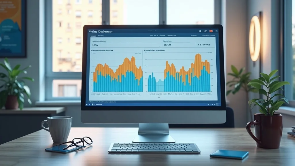 Modern digital dashboard displaying colorful startup KPI graphs in an executive Anaheim office — measuring startup success in Anaheim tech business