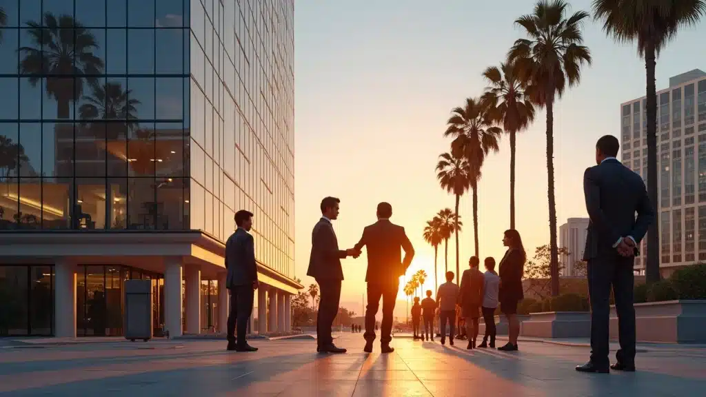 Business professionals shaking hands at sunset, surrounded by palm trees and modern architecture, reflecting the vibrant Orange County startup ecosystem and growth opportunities in tech acquisitions.