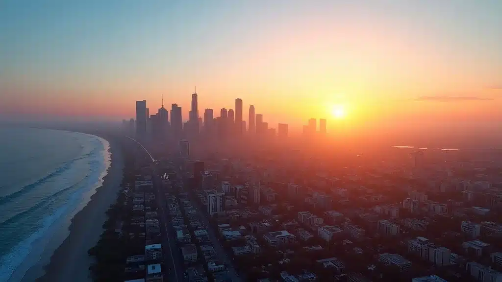 Vibrant Orange County skyline at sunrise, depicting dynamic business energy and the thriving orange county medtech startup growth strategies ecosystem. Photorealistic cityscape with modern office towers at golden hour.