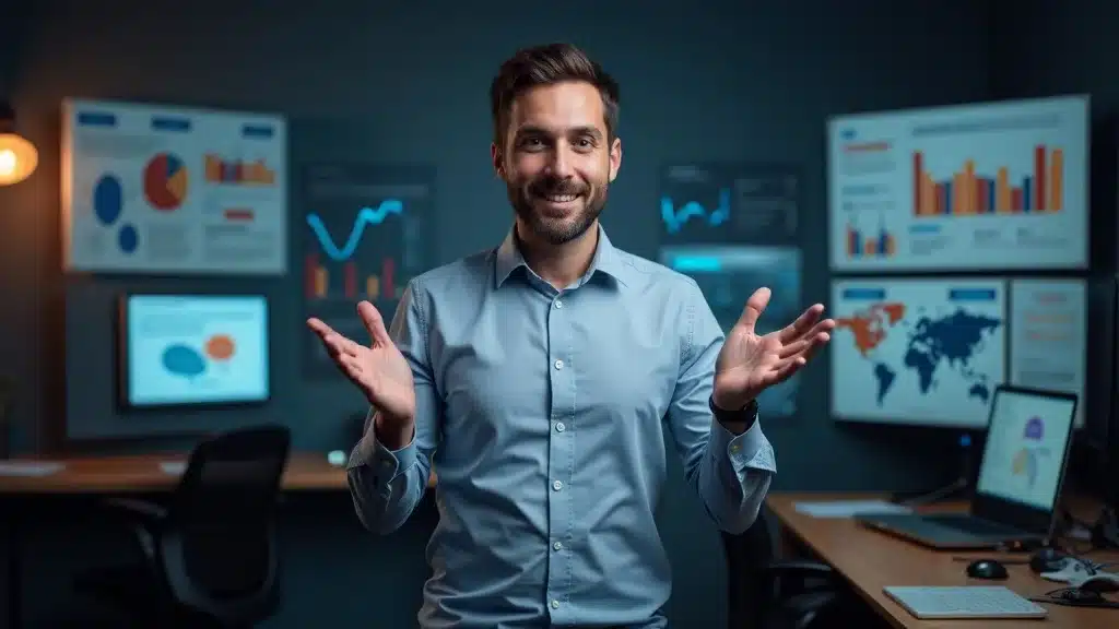 SEO analyst demonstrating brand authority signals and topical clusters — answer engine optimization E-E-A-T strategy visualization, high-end workspace.