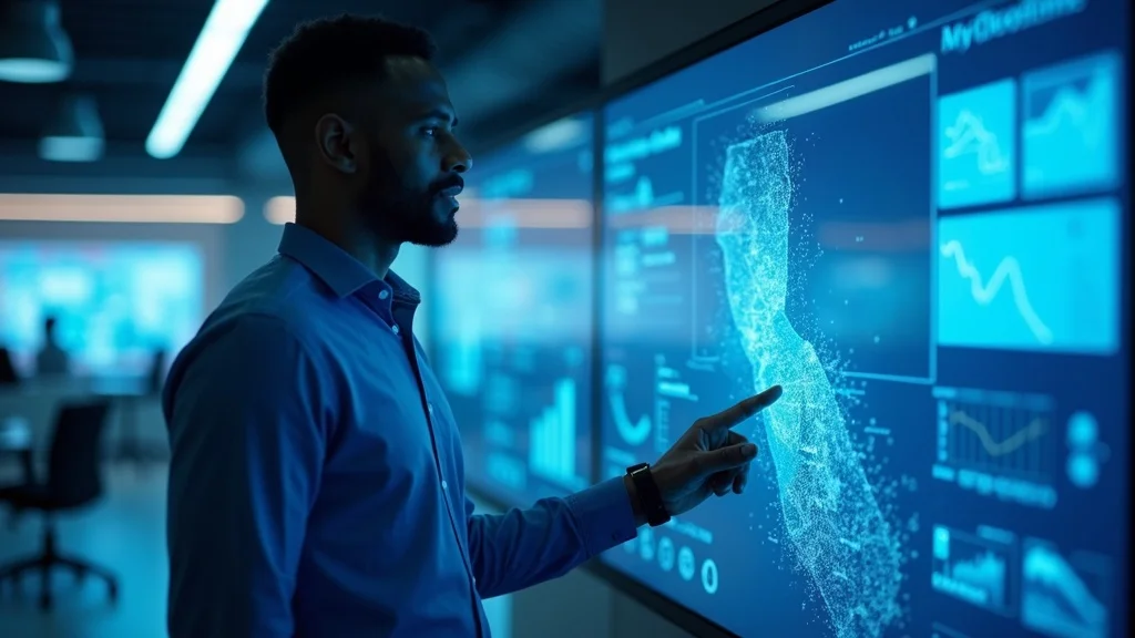 Man interacting with a digital display of growth metrics and analytics in a tech startup environment, emphasizing data visualization for performance tracking in Orange County's innovation landscape.