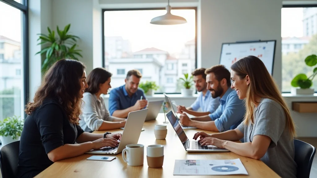 Dynamic startup team collaborating in a bright Costa Mesa coworking space, focused on laptops and discussing strategies for tech growth and innovation.