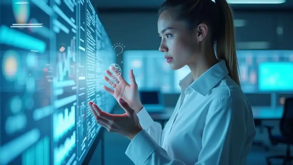 Futuristic AI interface with professional interacting with floating answer engine holograms and analytics; minimalist tech workspace — answer engine optimization for AI search.