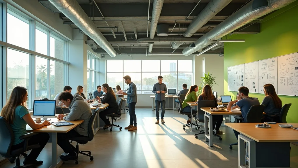 Energetic, collaborative innovation hub at UCI Beall Applied Innovation with startup teams, digital boards, prototypes, whiteboards, and open work areas, styled as a photorealistic modern workspace in Orange County