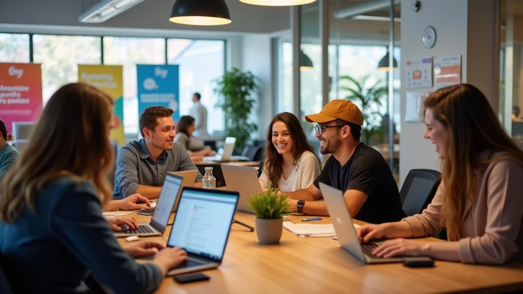 Group of diverse professionals collaborating in a modern coworking space with laptops, discussing ideas, and engaging in networking activities, reflecting the entrepreneurial spirit of Orange County's tech startup ecosystem.