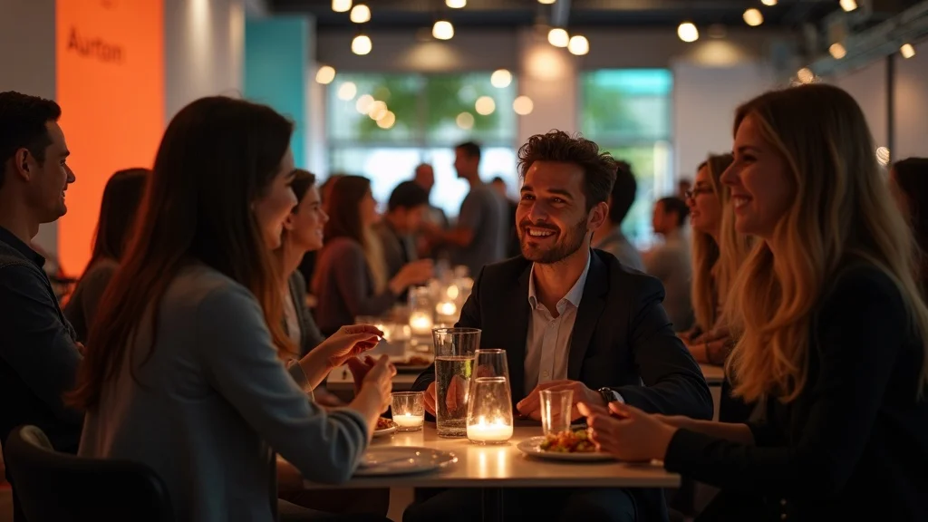 Group of professionals networking at a tech event dinner in Costa Mesa, featuring conversations over food and drinks, with a warm ambiance and soft lighting.
