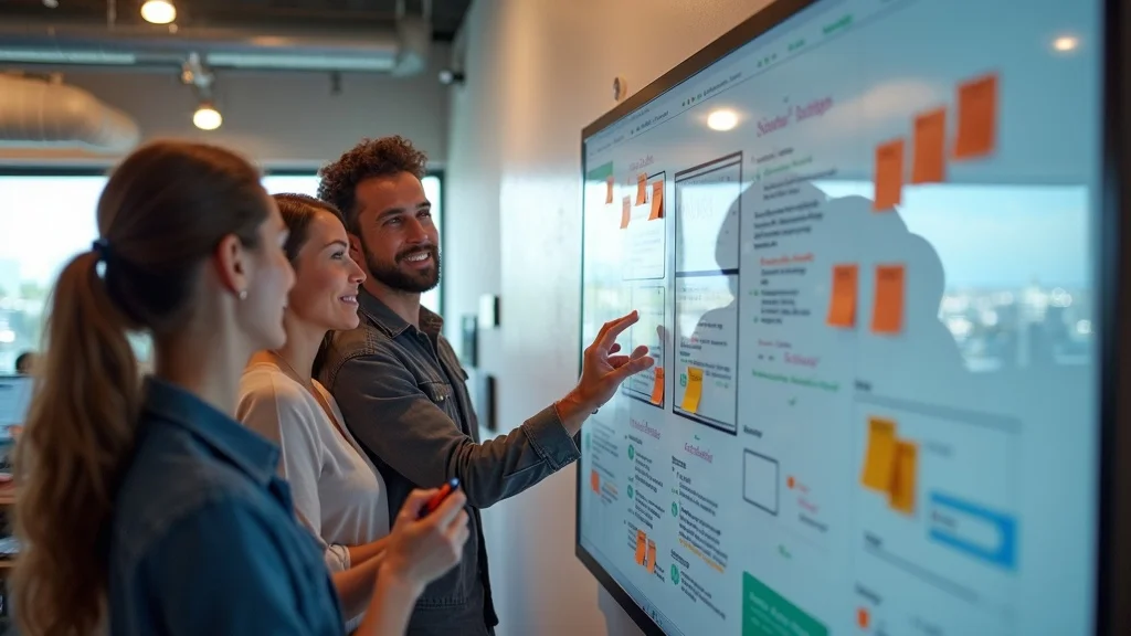 Team collaborating on SaaS product strategy, engaging with a digital whiteboard displaying project plans and sticky notes, in a modern Costa Mesa office setting.