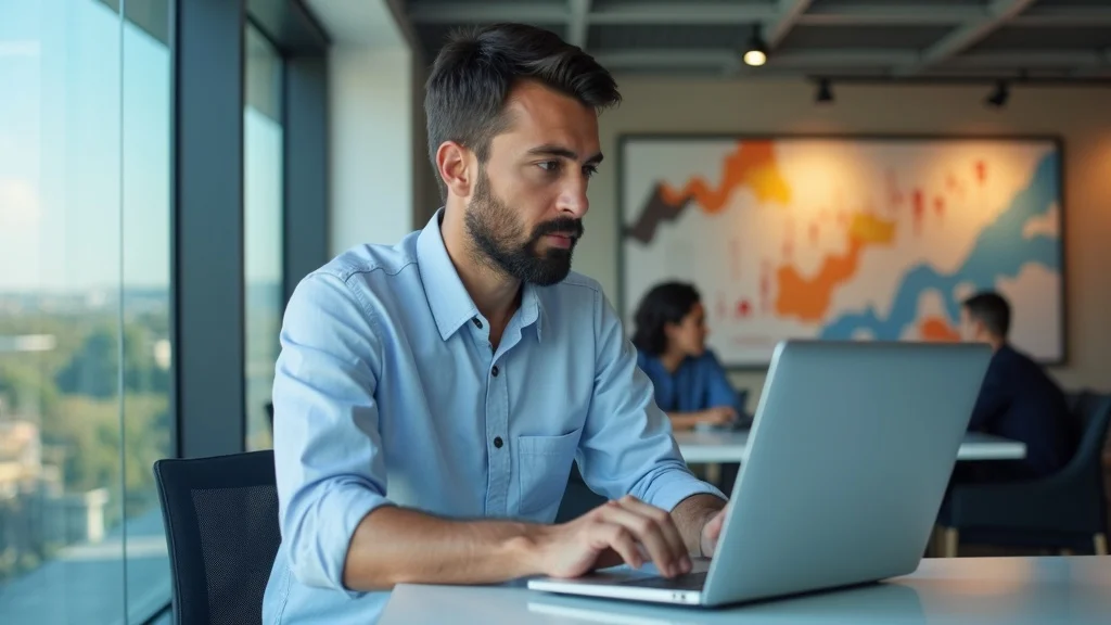 Man working on a laptop in a modern office setting, emphasizing productivity and focus, relevant to scaling tech startups in Orange County.
