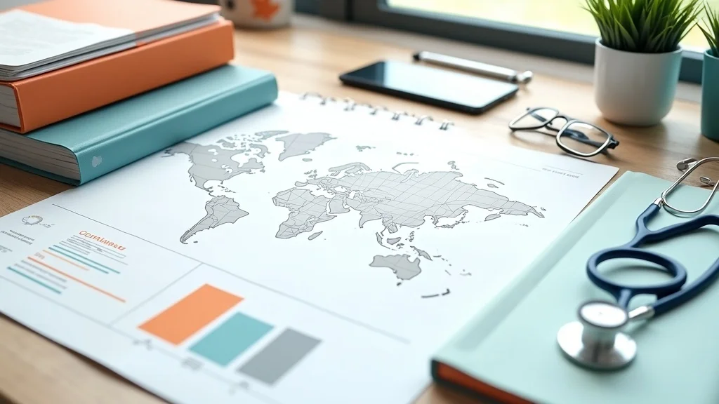 Map of the world with data charts and graphs, stethoscope, notebooks, and smartphone on a wooden desk, symbolizing healthtech startup planning and strategy in Orange County.