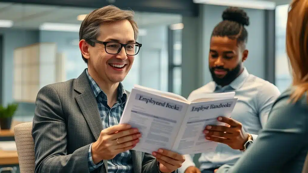 Adaptable HR consultant reviewing customized employee handbooks with business managers across industries - fractional hr quality