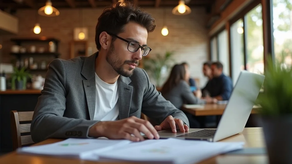 Tech founder analyzing startup metrics in a Costa Mesa cafe, focused on laptop and documents, with peers engaged in discussion in the background.