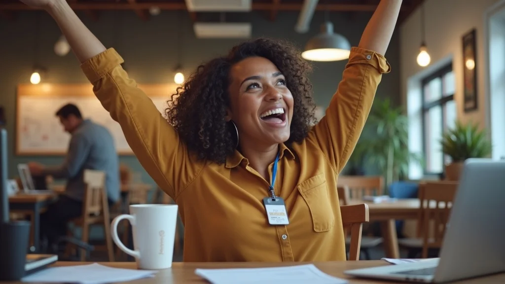 Smiling woman in a yellow shirt celebrating success in a coworking space, symbolizing achievement and entrepreneurial spirit in Orange County's startup ecosystem.