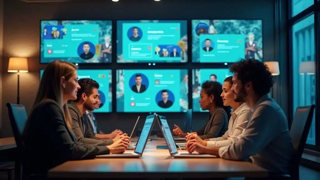 Diverse brand marketers collaborating over social media and forums; answer engine optimization brand mentions visual in coworking space.