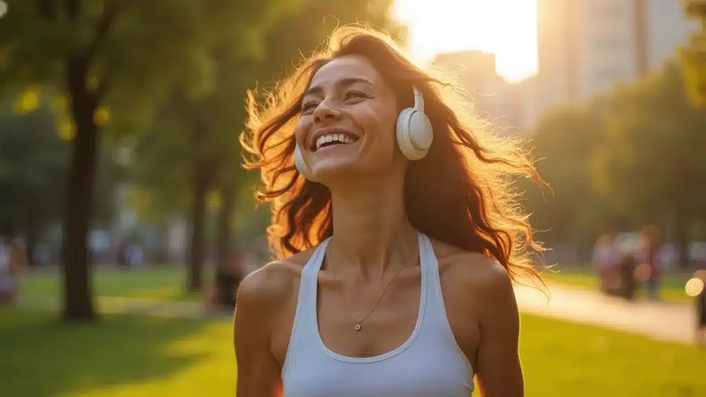 Woman jogging in a park, wearing headphones, smiling with sunlight filtering through trees, representing personal resilience and energy management in startup leadership.