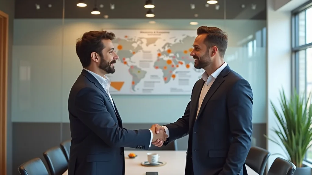 Business professionals shaking hands in a modern office, symbolizing partnership and collaboration in tech startups, with a world map in the background highlighting global connections.