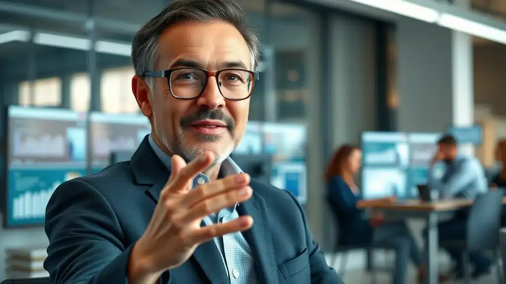 SaaS founder confidently delivering an interview about founder-led storytelling B2B in a modern office