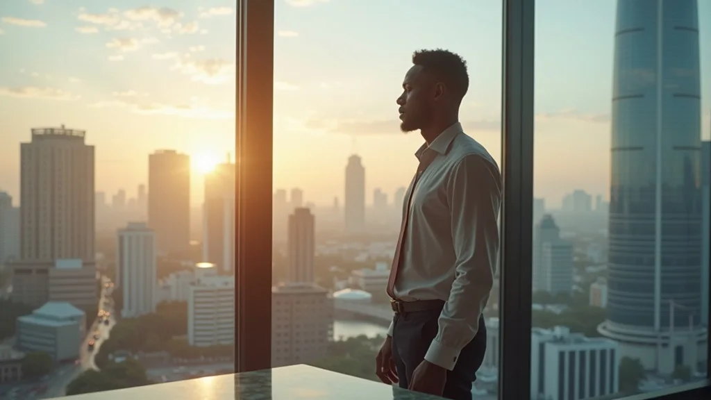 Armaghan Rehman, founder of Architect, in a modern workspace overlooking cityscape, visionary software developer