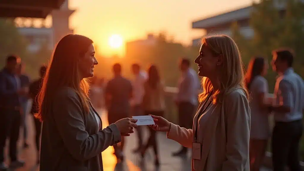 fractional executive search for orange county startups: Inviting Orange County networking event — friendly, energetic, engaged professionals meeting and exchanging business cards, styled as photorealistic set at a modern UC Irvine innovation building patio with California sunset in background, featuring conference badges, clean signage (not readable), rendered with high-resolution textures, ultra-realism, emphasized with sunset warm tones and soft oranges, under golden hour lighting, shot with a 24mm wide angle lens.