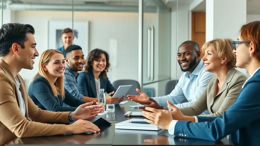 Dynamic HR team conducting a collaborative discussion in a modern conference room - fractional hr benefits
