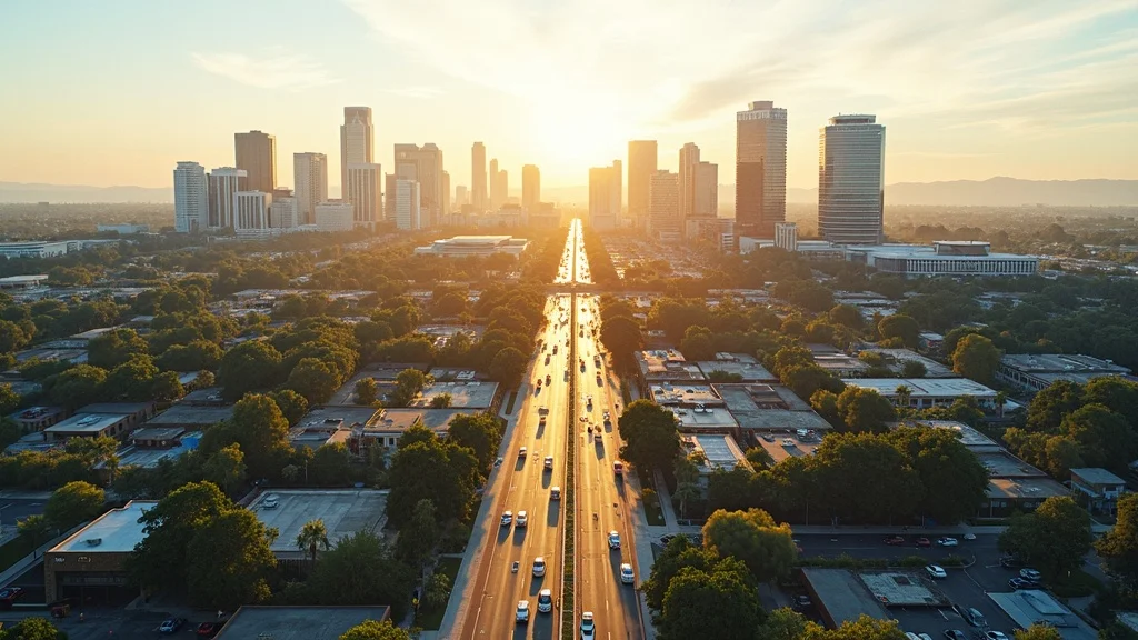 Aerial view of a bustling highway in Orange County at sunset, showcasing skyscrapers and greenery, symbolizing the vibrant tech startup ecosystem and growth opportunities in the region.