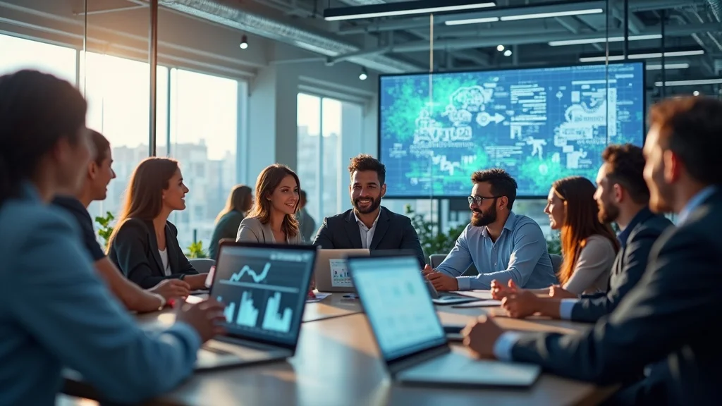 Diverse tech founders and mentors collaborating at a modern Orange County startup incubator workspace, tech displays and branding in the background, vibrant light and confident atmosphere