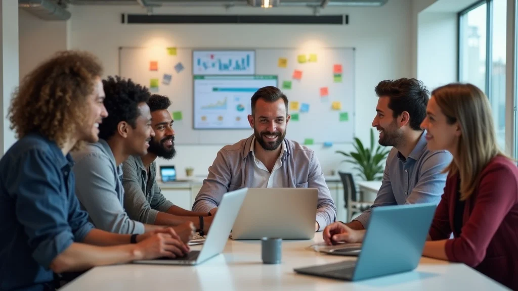 Group of diverse tech startup founders collaborating in a modern office, discussing growth metrics and strategies, with laptops and a presentation screen displaying data charts in the background.