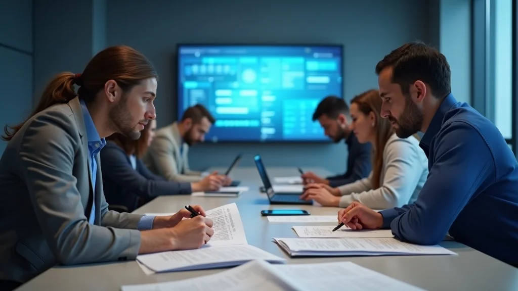 Group of professionals in a conference room discussing strategies for healthtech startups, with laptops and documents on the table, and a digital screen displaying data analytics in the background.