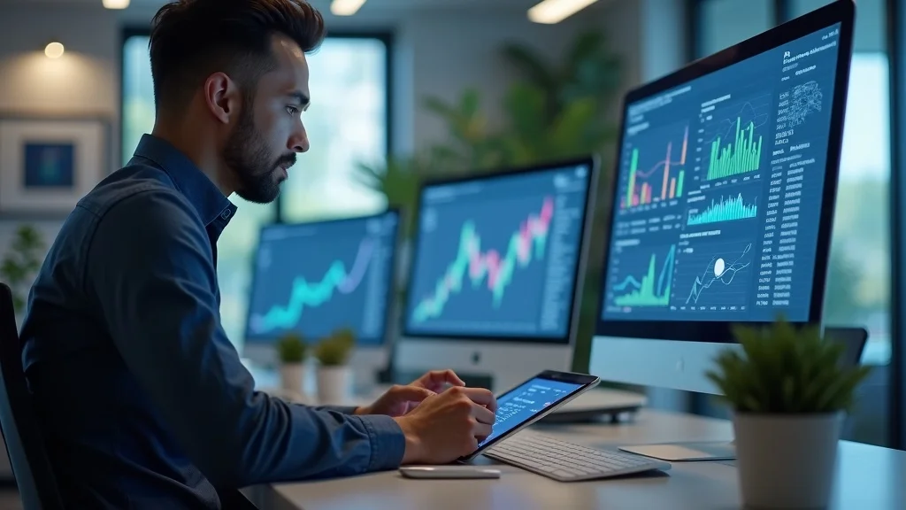 Modern tech founder using digital dashboard for startup metrics, highlighting the analytical approach behind orange county startup growth strategies