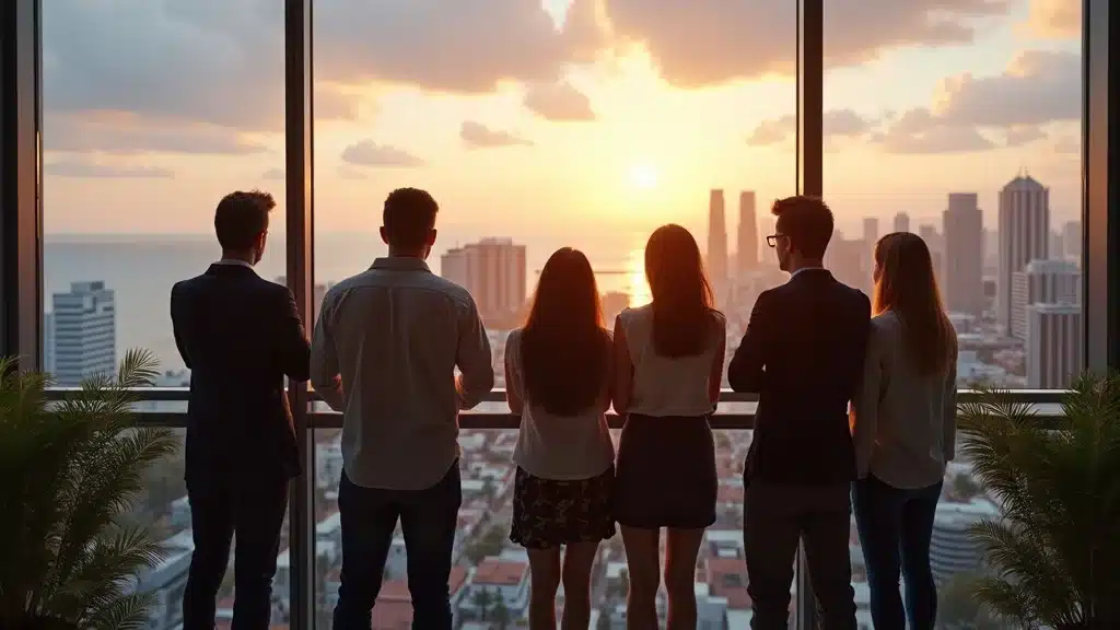 Forward-looking medtech startup team collaborating on future growth strategies while overlooking the Orange County skyline, symbolizing ambition and regional tech ecosystem strength.
