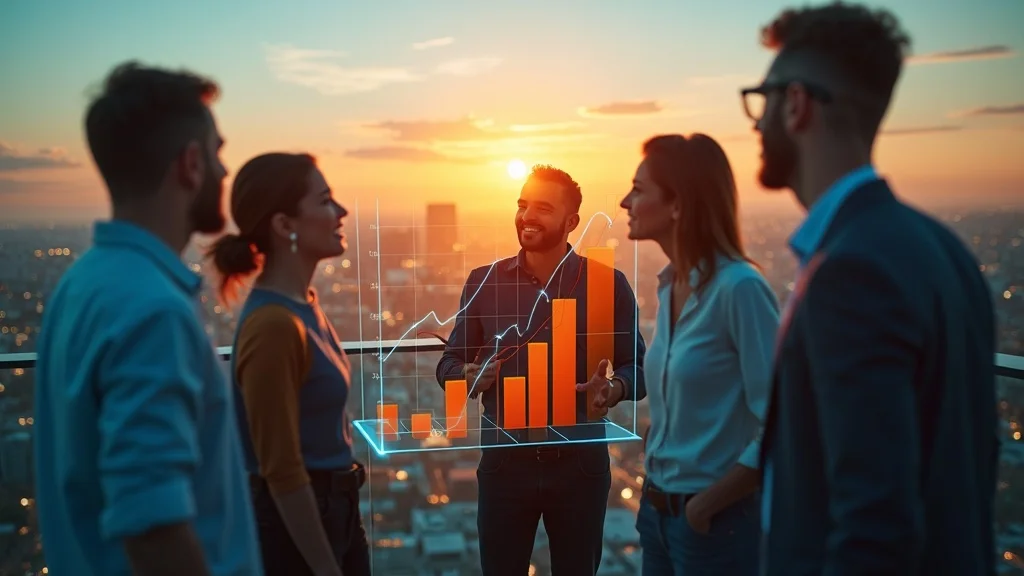 Group of professionals discussing startup funding insights with a digital financial graph overlay at sunset, symbolizing growth and investment opportunities in Orange County's entrepreneurial landscape.