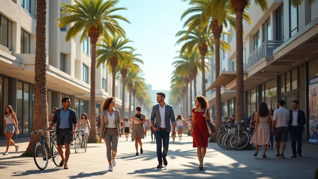 People walking along a palm-lined street in Costa Mesa, California, showcasing a vibrant startup community atmosphere with bicycles parked nearby and modern buildings in the background.