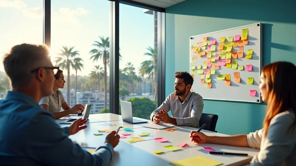 Group of diverse startup founders in a modern conference room discussing growth metrics, with sticky notes on a whiteboard and laptops on the table, emphasizing collaboration and strategic decision-making.