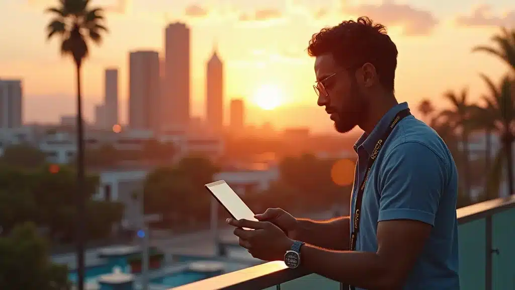 Orange County SaaS Startup Marketing Strategy - Modern SaaS founder networking with startup leaders at sunset terrace event, city skyline and palm trees in background