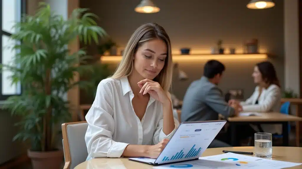 female founder reviewing financial charts, capital efficiency for IPOs, startup finance strategy, photorealistic, revenue graphs, bright workspace, startup trends