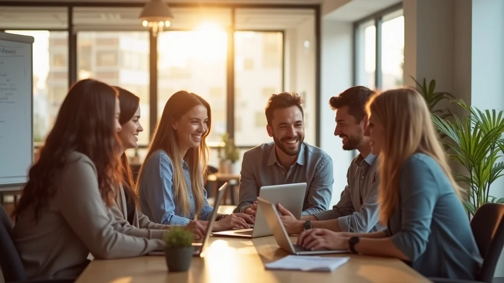 Group of diverse professionals collaborating in a bright office, discussing strategies for scaling tech startups in Orange County, with laptops and plants visible.