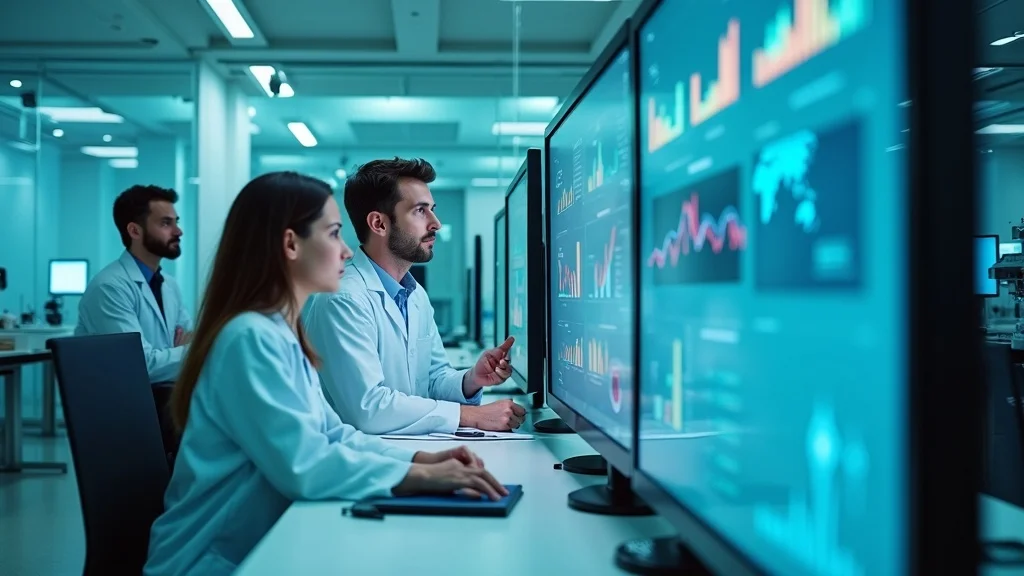 Researchers in lab coats analyzing data on multiple screens in a high-tech healthtech environment, emphasizing AI-driven healthcare and data transparency.
