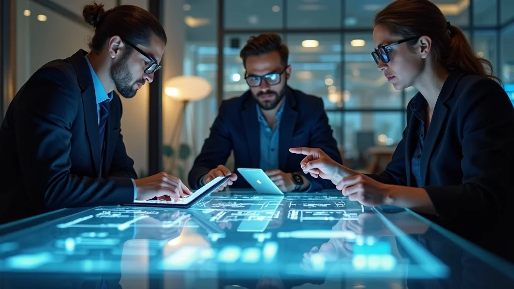 Innovative team with tech company executive brainstorming in an Irvine corporate innovation lab — irvine ca tech startup growth guide, photorealistic, glass-topped table