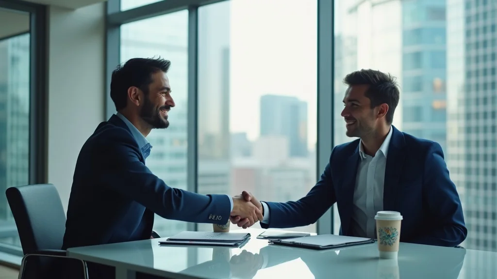 Business professionals shaking hands in a modern office, symbolizing partnership and collaboration for startup marketing strategies.