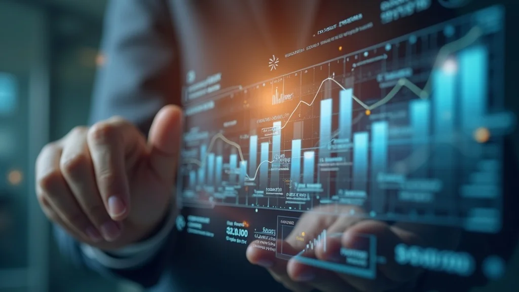 Business professional interacting with digital financial data visualization, showcasing trends and metrics relevant to startup funding in Orange County.